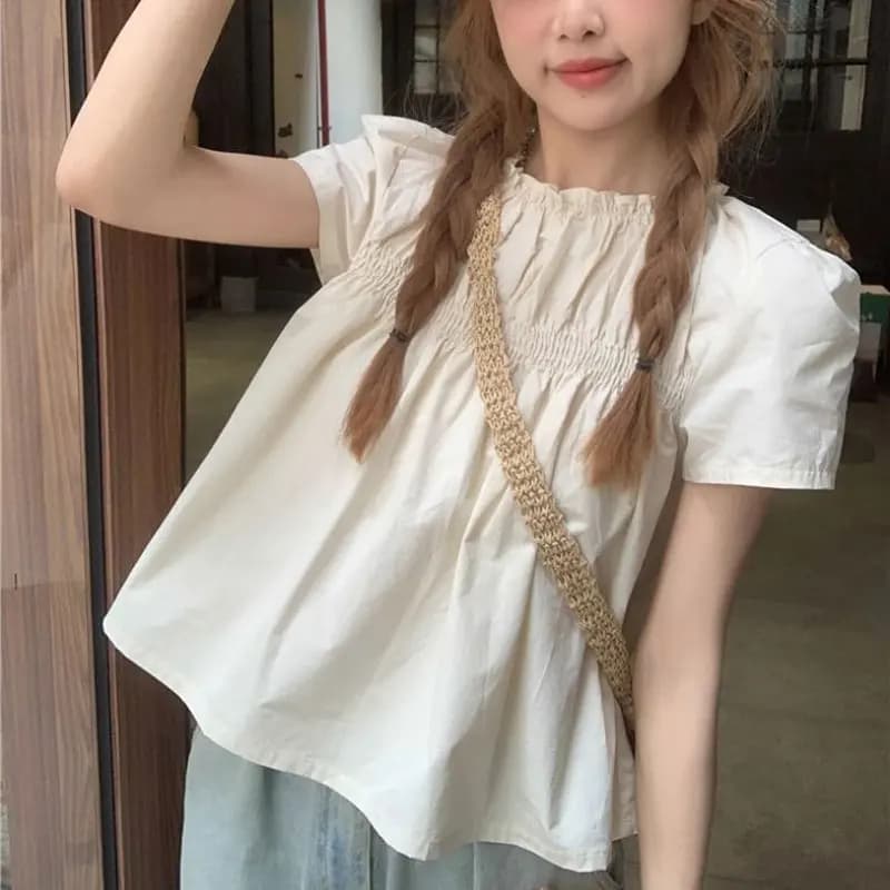 Shirring Solid Color Shirts Female Clothing Sweet Short Sleeve Summer French Style Casual Folds Loose O-neck Blouse New