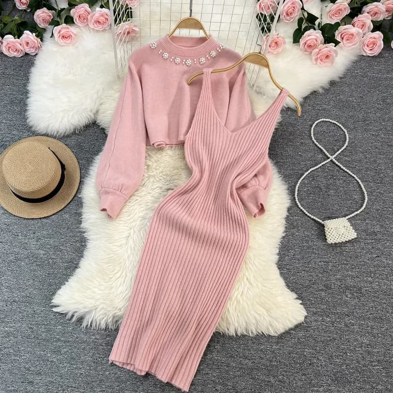 Knit 2 Piece Set Women Long Sleeve Beading Pullover+V-neck Bodycon Dress 2pcs Knitted Matching Sets 2025 Autumn Winter Clothing