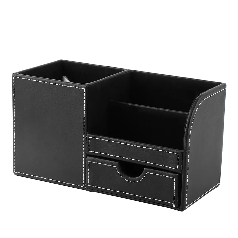 Scatola portaoggetti da tavolo Organizzatore di cancelleria multifunzione in pelle di legno Multi griglie Custodia portapenne 23,4x10,4x12,3 cm