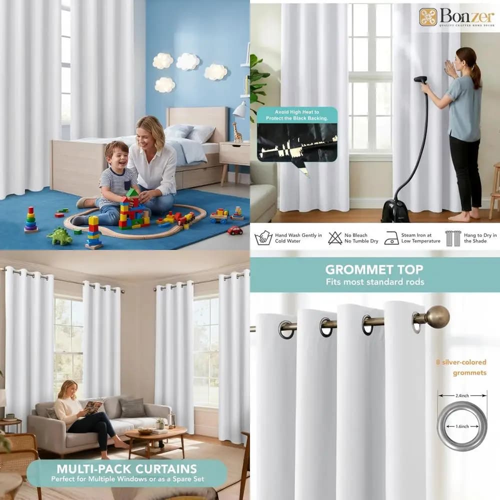 Dark Curtains with 4 Panels, 54x95 Inches, White, for Bedroom and Living Room