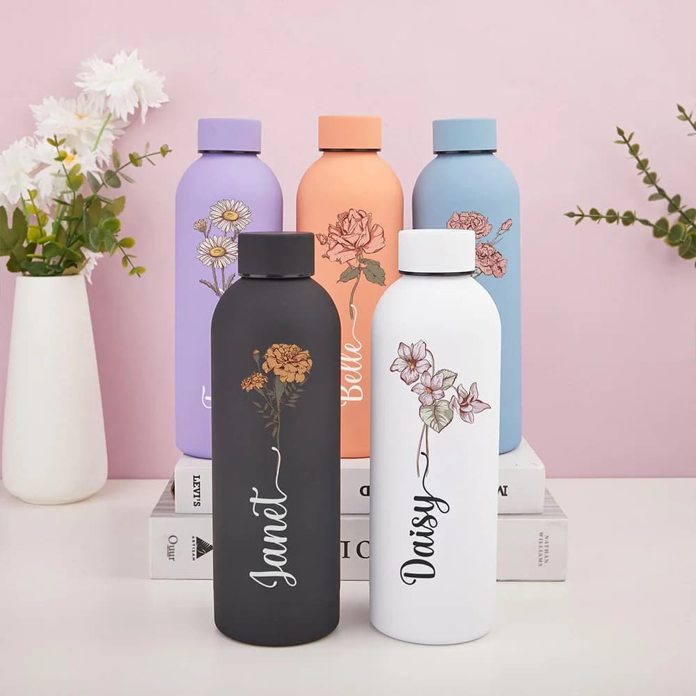 Custom bottle with floral pattern, portable thermal bottle for outdoor sports, for camping, hiking and travel.