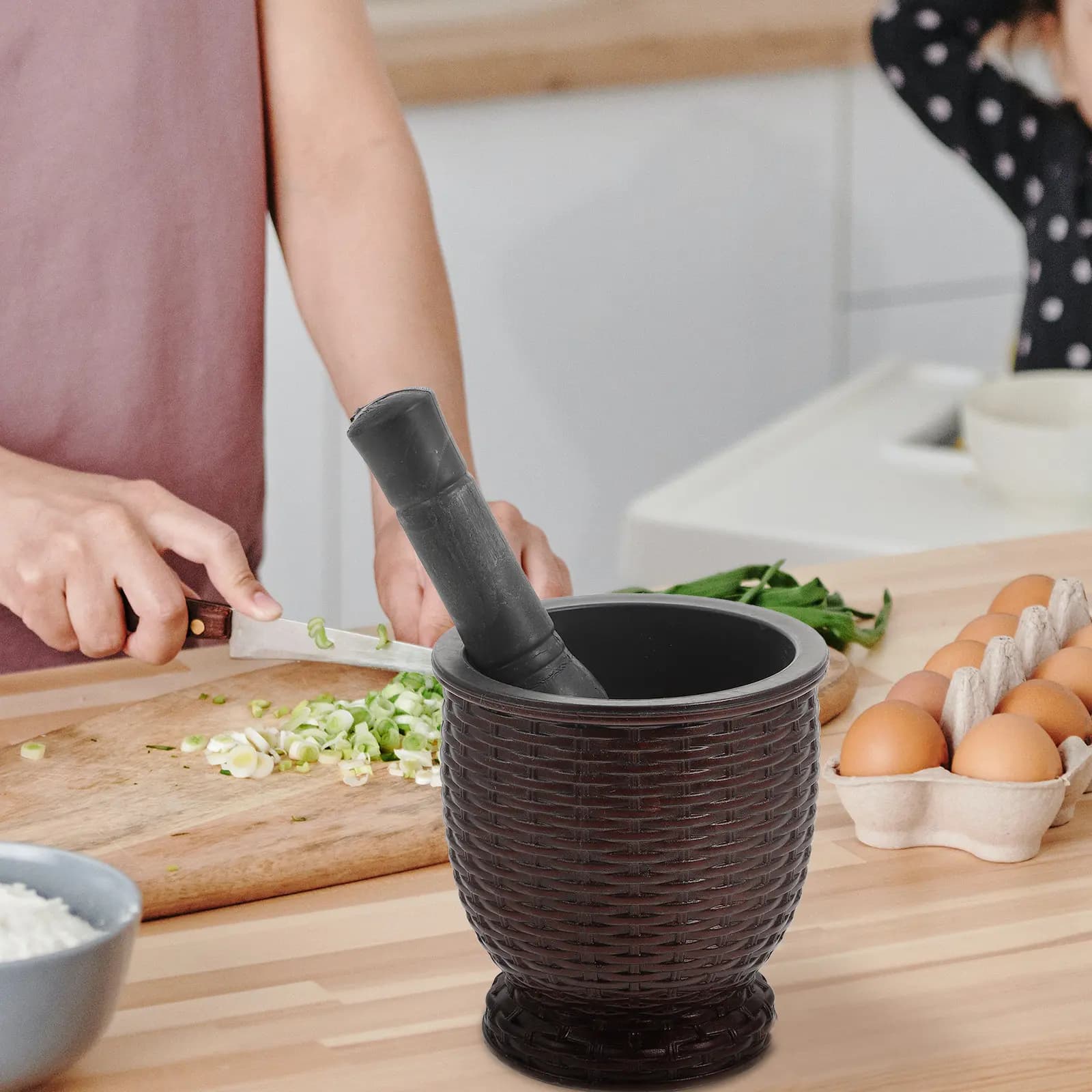 Set di 1 Mortaio e Pestello in Plastica per Schiacciare l'Aglio, Design Ergonomico, Utensile da Cucina per Tritare Spezie, Spremiaglio Domestico