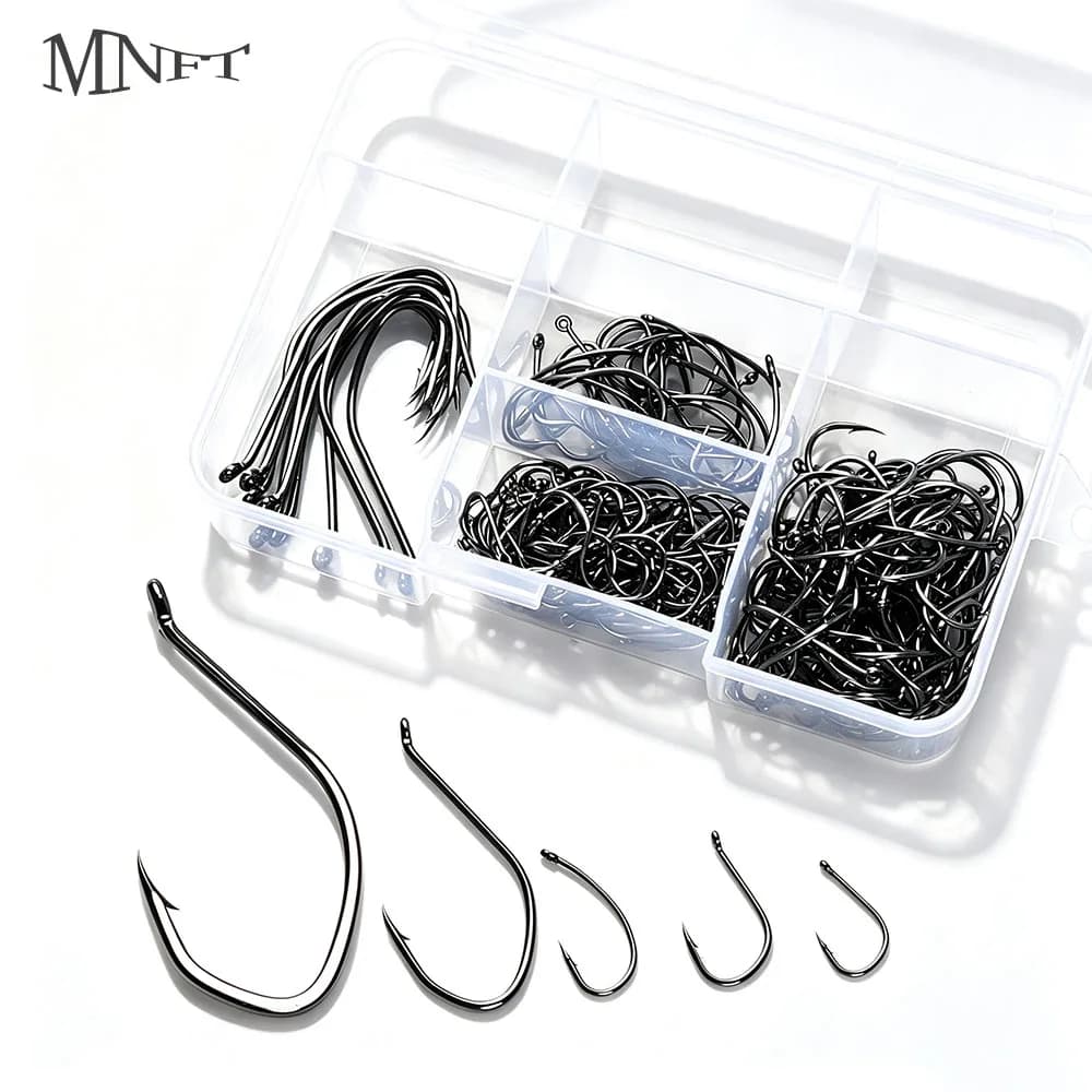 200Pcs/Box Multi‑Sizes Barbed Fishing Hooks Kit High Carbon Steel Circle Hooks for Saltwater Freshwater Sea Fishing Lure Tackle