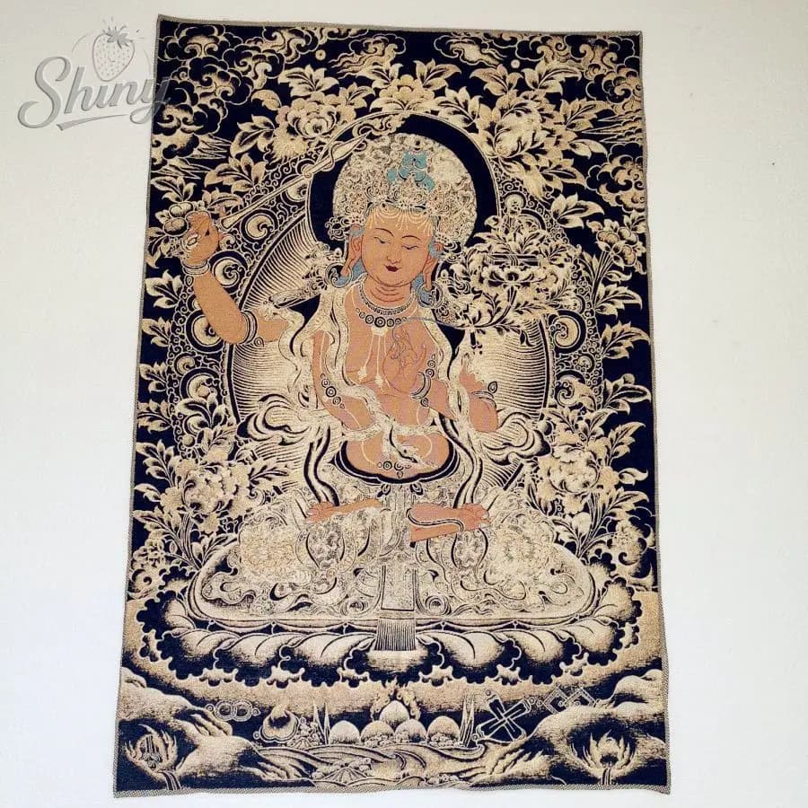 Black Gold Manjusri Bodhisattva Brocade Tibetan Tangka Embroidery Painting Gold Thread Embroidery Decorative Hanging Pictures