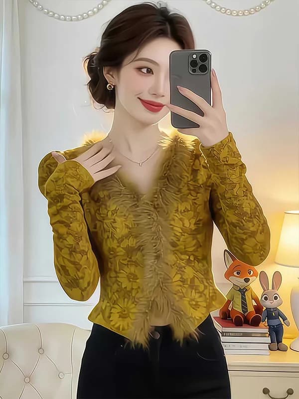 Maglietta in stile francese foderata in pile, a maniche lunghe, con scollo a V e pizzo, da donna, nuova collezione primavera, effetto snellente, da indossare sotto la maglia.