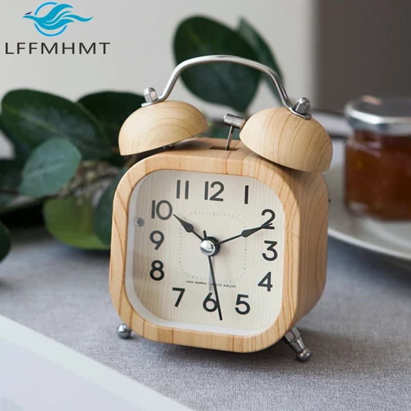 Ins Nordic Bedside Alarm Clock Creative Student Cute Double Ring Pendulum Old-fashion Clock Nightlight Silent Simple Retro Clock
