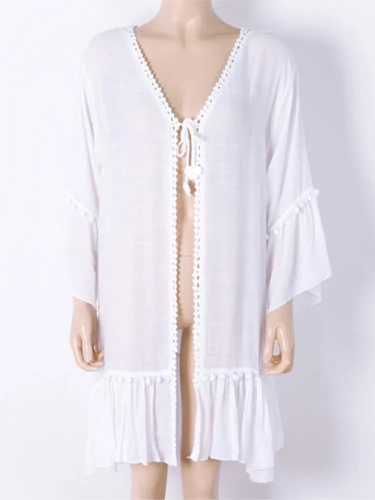 Summer Cover Ups Women Swimsuit Wrist Sleeve Robes Bathing Suit 2025 New White Beach Holiday Mini Dresses Cover-Up