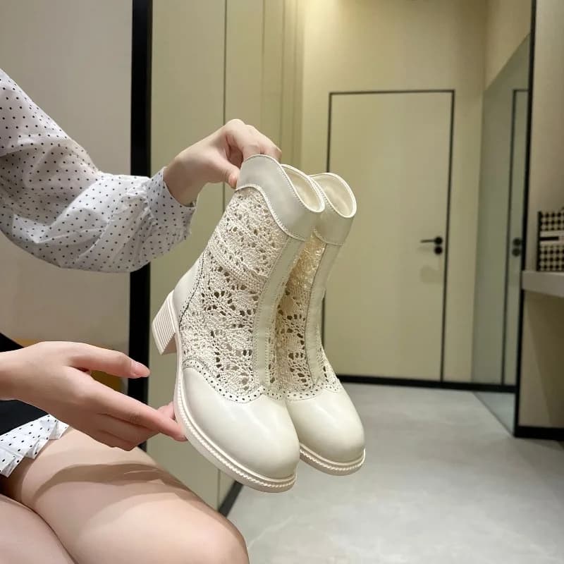 Nuove Scarpe da Donna, Stivaletti in Stile Francese Raffinato, Stivali Estivi alla Moda con Lacci Traforati, Scarpe Firmate, Botas Mujer
