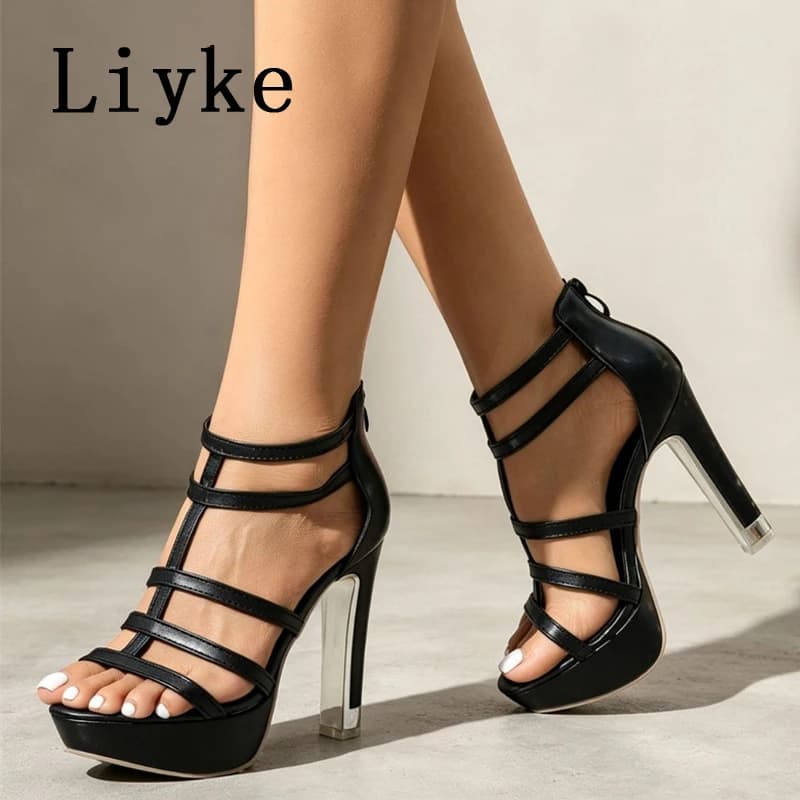 Liyke Summer Fashion Narrow Band Open Toe Ankle Zip Cover Strap Women Platform Sandals Gladiator High Heels Shoes Zapatos Mujer