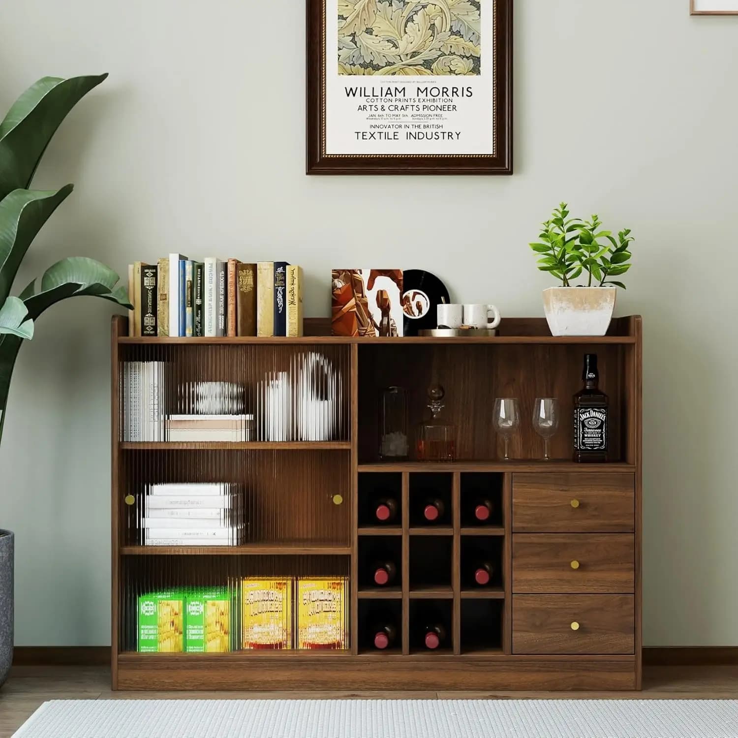 Credenza da Cucina con Ante Scorrevoli in Vetro, Portabottiglie, Cassetti e Ripiani Espositivi per Sala da Pranzo