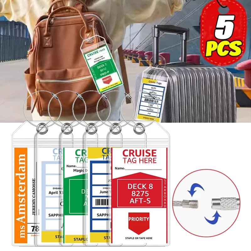 5 Pezzi Etichette Trasparenti per Bagagli da Crociera, Porta Etichette in PVC Impermeabile con Anelli in Acciaio per Portachiavi
