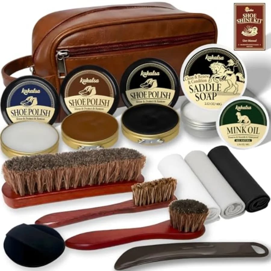 Kit Lucidascarpe da Uomo - 15 Pezzi con Sapone per Cuoio, Olio di Visone, 3 Lucidanti per Scarpe, 3 Spazzole per Scarpe e altro ancora