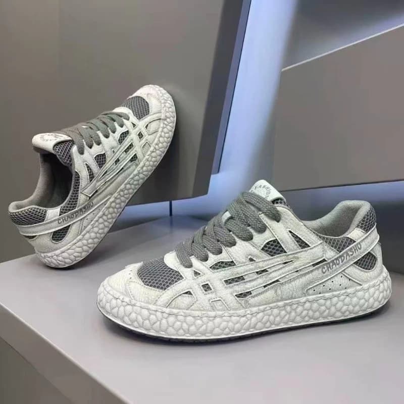 Men's Black White Distressed Skate Shoes Breathable Mesh Casual Sneakers Retro Streetwear Comfortable Non-slip Walking Trainers