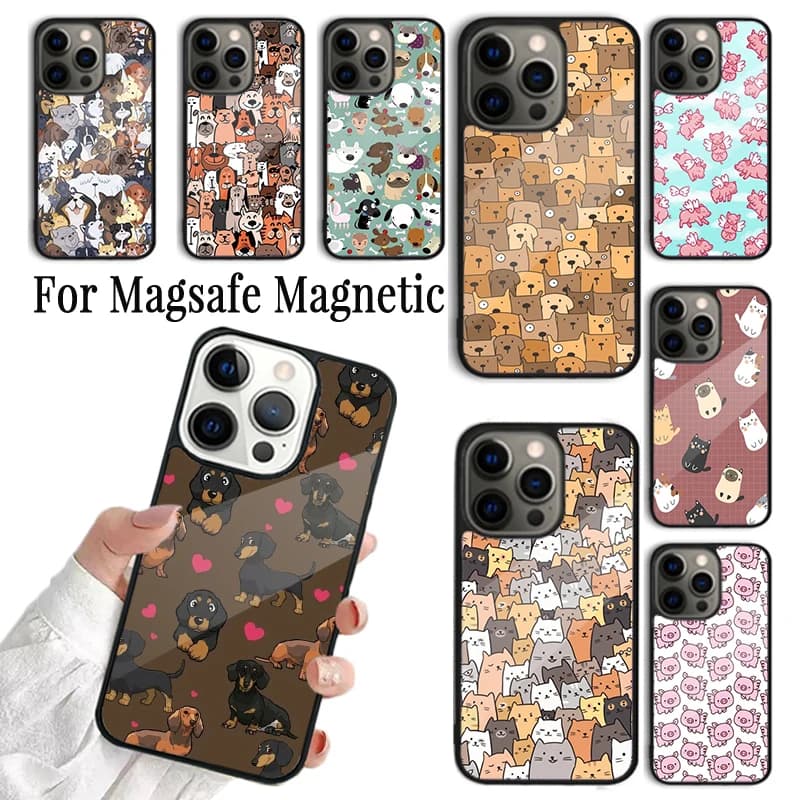 Cover per Telefono con Animali Cartoon (Cane, Gatto, Maiale) per iPhone 17, AIR 16, 15, 14, 13, 12, 11 Pro Max Plus, Custodia Magnetica Wireless Magsafe