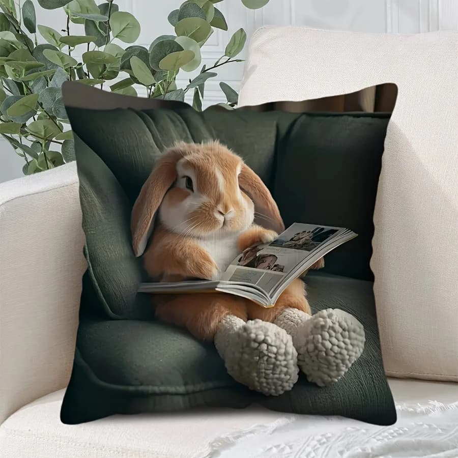 1PC Vibrant Lop Eared Rabbit Pillow Cover - Contemporary Style, Single-sided Print, Zipper, Machine Washable, Home Sofa Decor