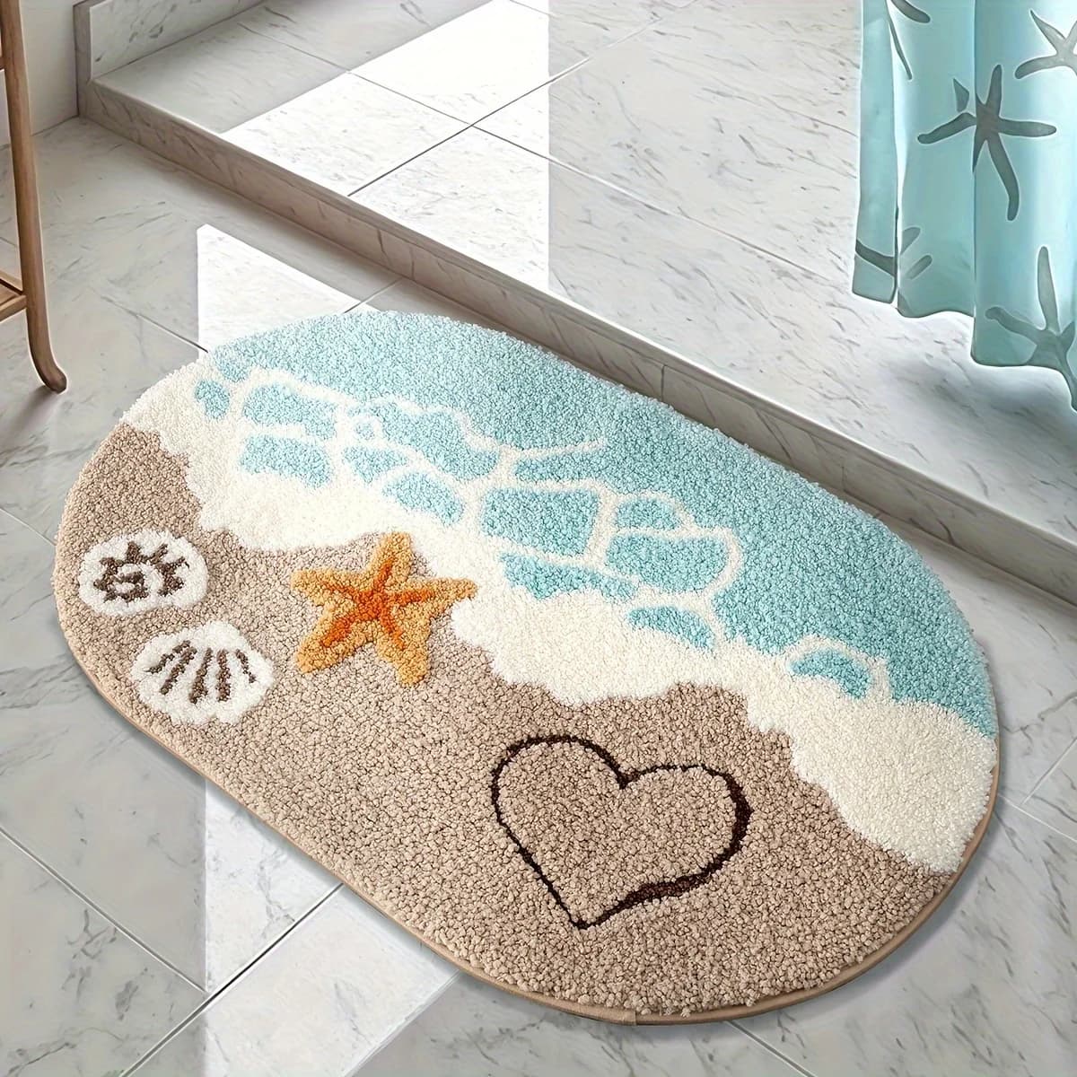 Tappetino da bagno in finto cashmere peluche a tema oceano da 1 pezzo, tappetino da bagno assorbente antiscivolo con design a forma di stella marina e cuore da spiaggia