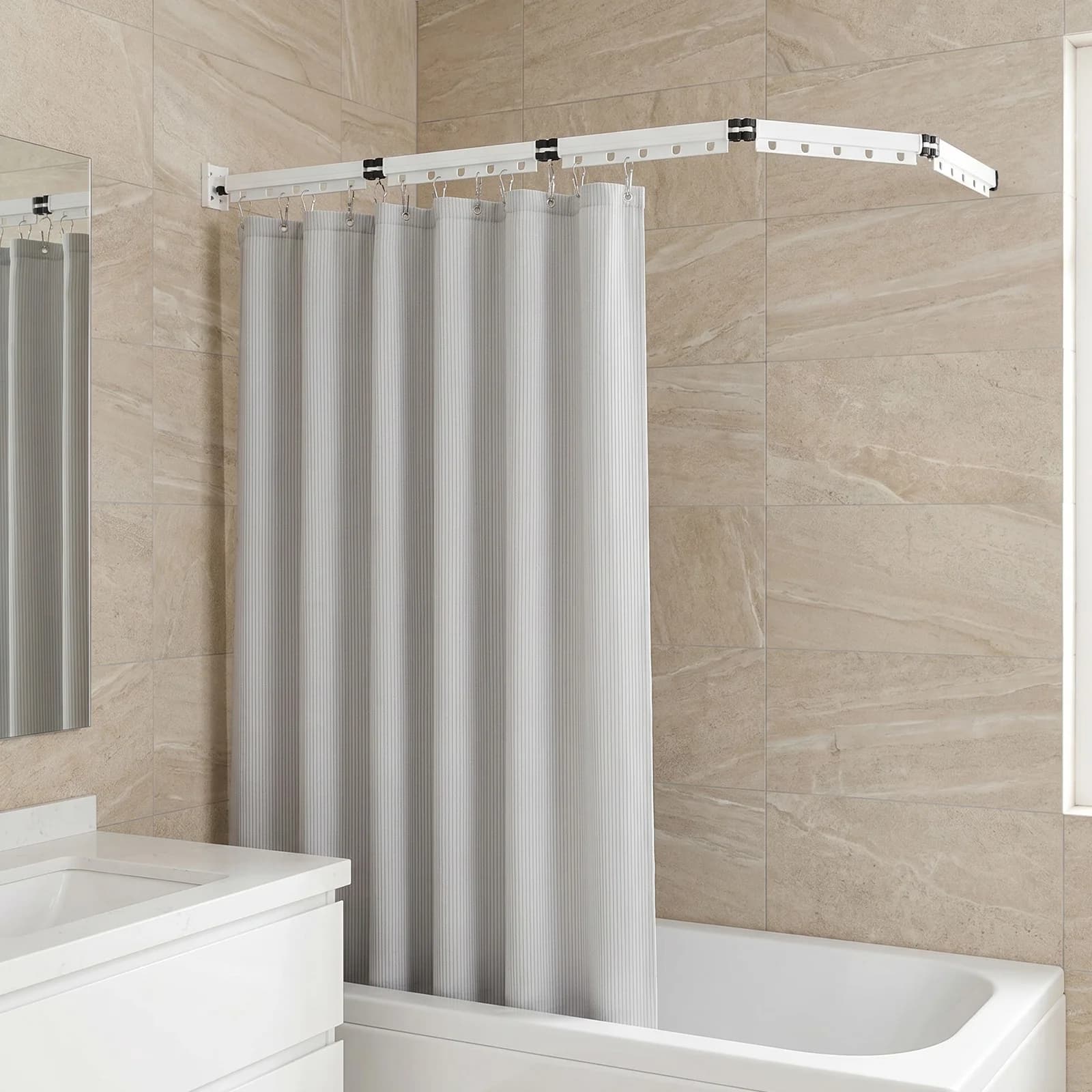 Wall Mounted Foldable Shower Curtain Rod Set with Suction Mounts 5 Fold L Shaped Shower Curtain Rod for Bathroom Corner Bathtub