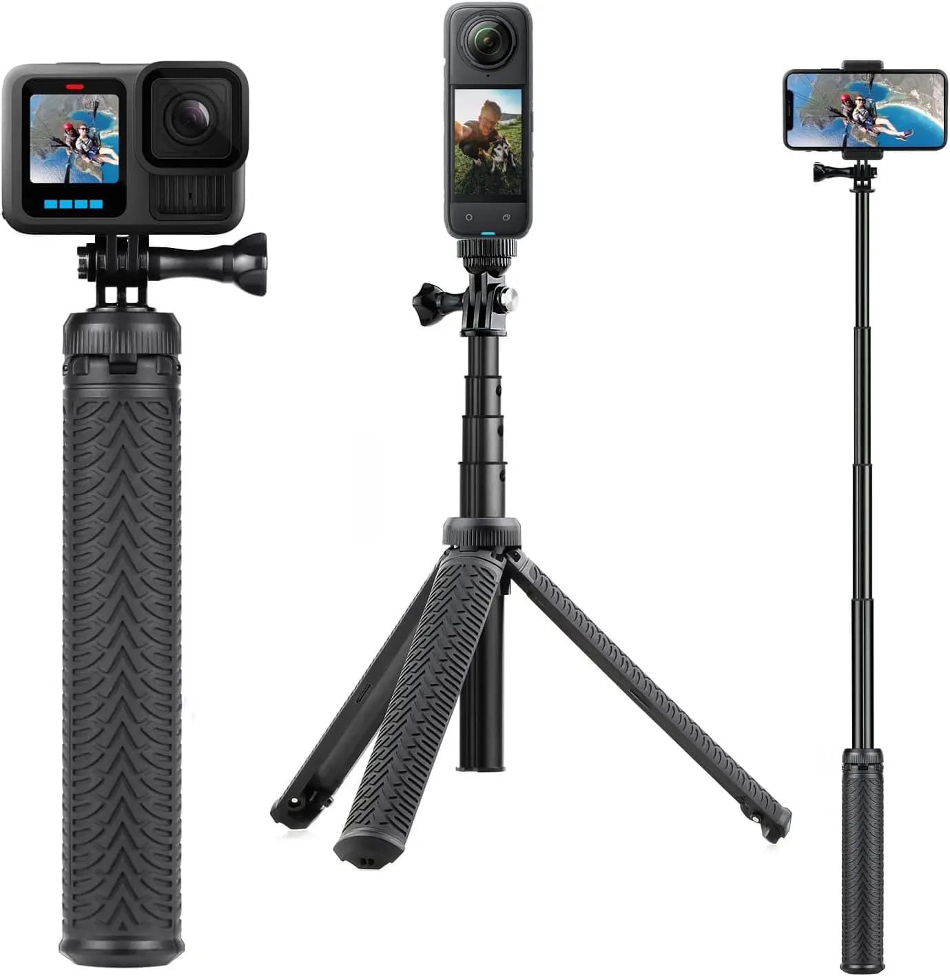 3in1 aluminum waterproof Selfie Stick for GoPro Hero 13-7, Fusion, Max, Insta360, SJCAM - Extensible monopoly with tripod support