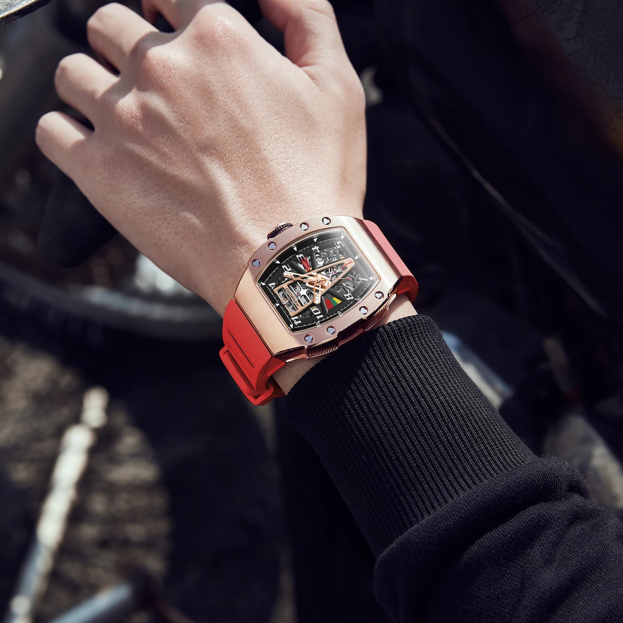 HANBORO Men's Automatic Watch Luxury Mechanical Wrist Watch Luminous Case 50M Waterproof Rubber Strap Skeleton Dial