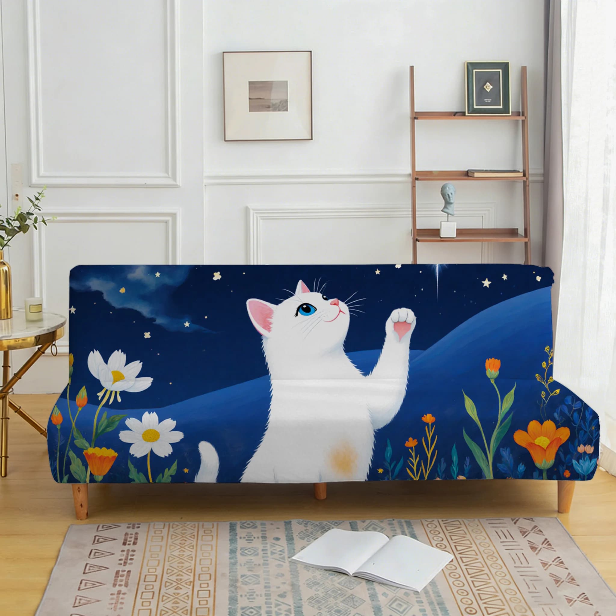 Dream starry sky white cat sofa cover, non-slip and anti-scratch furniture protective cover, easy to install, machine washable