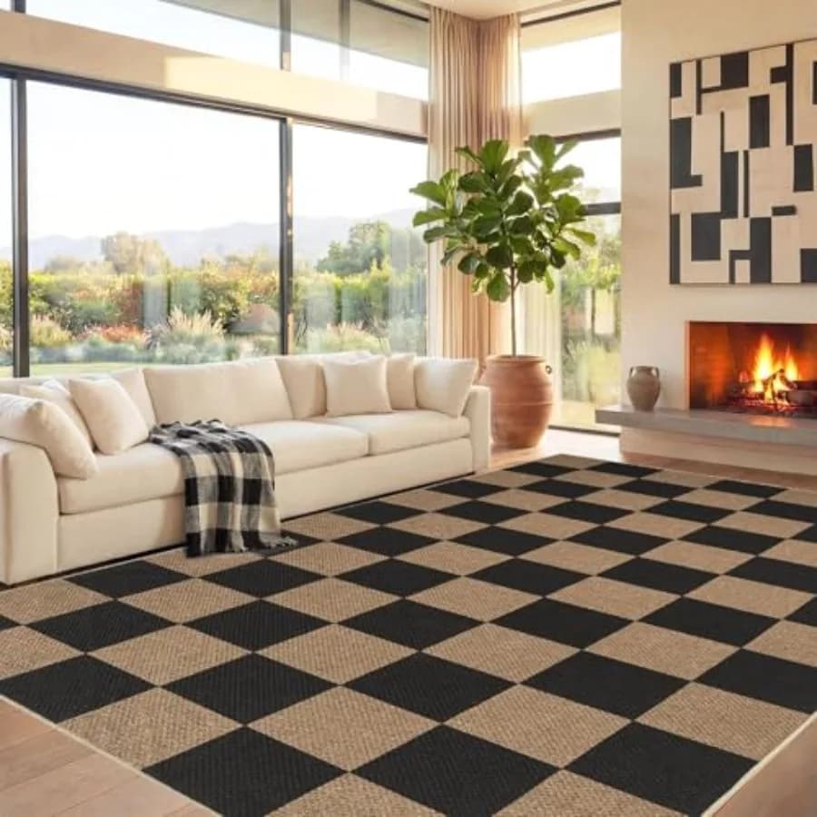 Checkered Jute-Look 8x10 Area Rugs, Washable 8x10 Rug for High Traffic Indoor Outdoor, Farmhouse Aesthetic Carpet for Living Ro