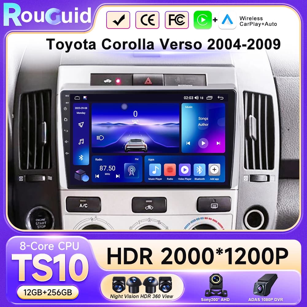 Autoradio Carplay Stereo Multimedia Video Player con Schermo per Toyota Corolla Verso 2004 - 2009 8 Core Android 16 FM 4G GPS BT