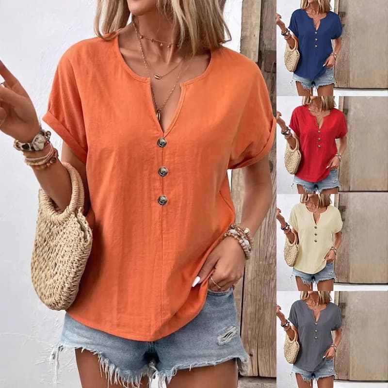 Nuove camicie da donna 2025 Bottoni con scollo a V Manica corta Camicette larghe Tinta unita Maglietta estiva casual Abbigliamento quotidiano Top da donna
