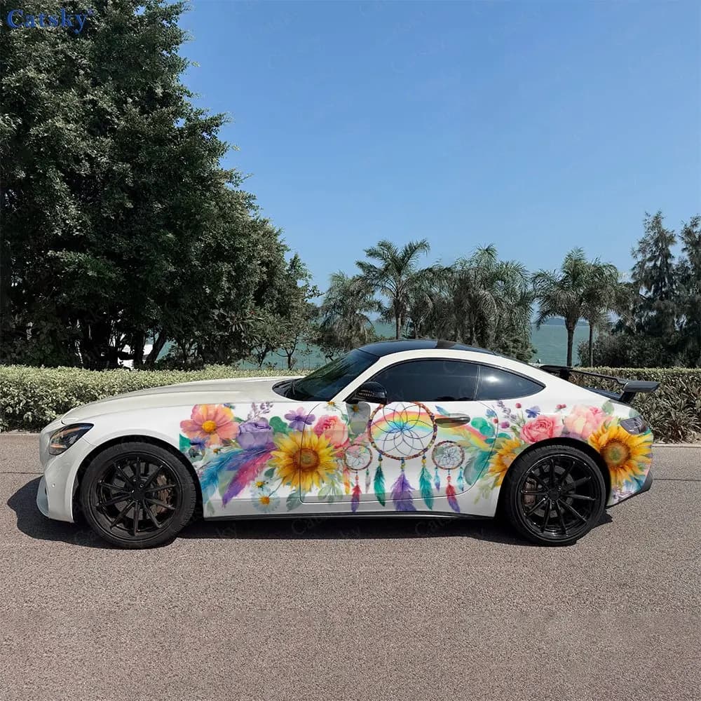 2pcs Feather Bloom Dreamcatcher, Durable, Fade-resistant, Enhance Vehicle Aesthetics With Bold Artistic Design Car Vinyl Wraps