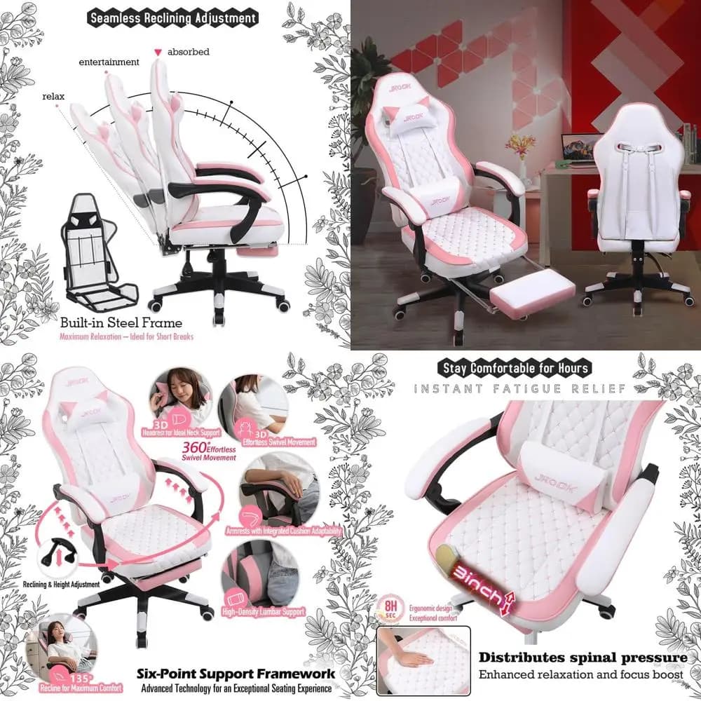 Sedia da Gaming Ergonomica in Pelle PU Rosa con Braccioli Regolabili, Supporto Lombare per Studio, Gaming e Uso in Ufficio