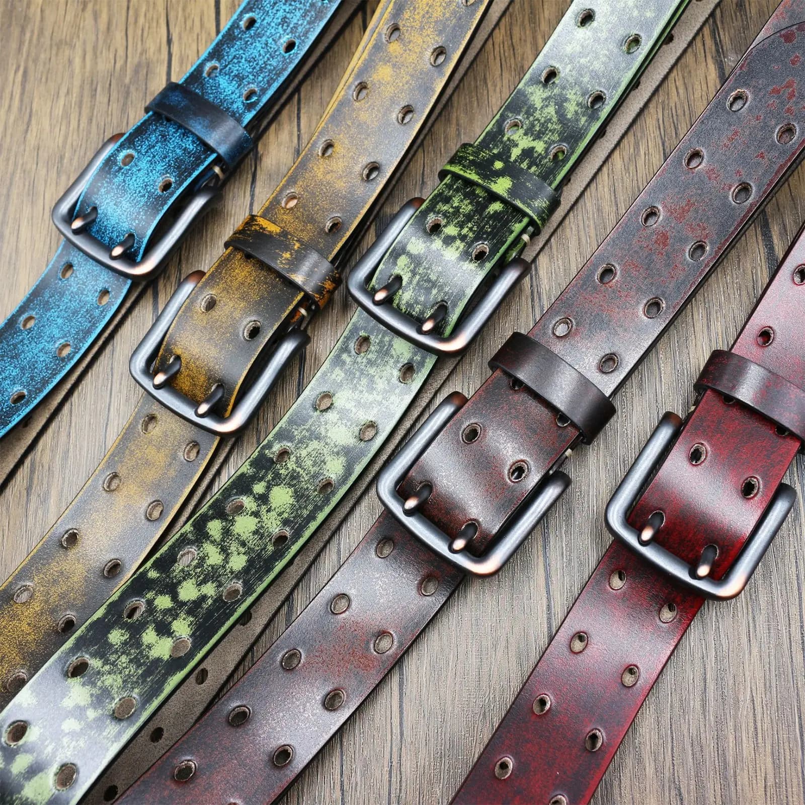 Double Needle Button Retro Distressed Tie Dye Stitching Belt Men Made Genuine European Leather With All Perforated Sections