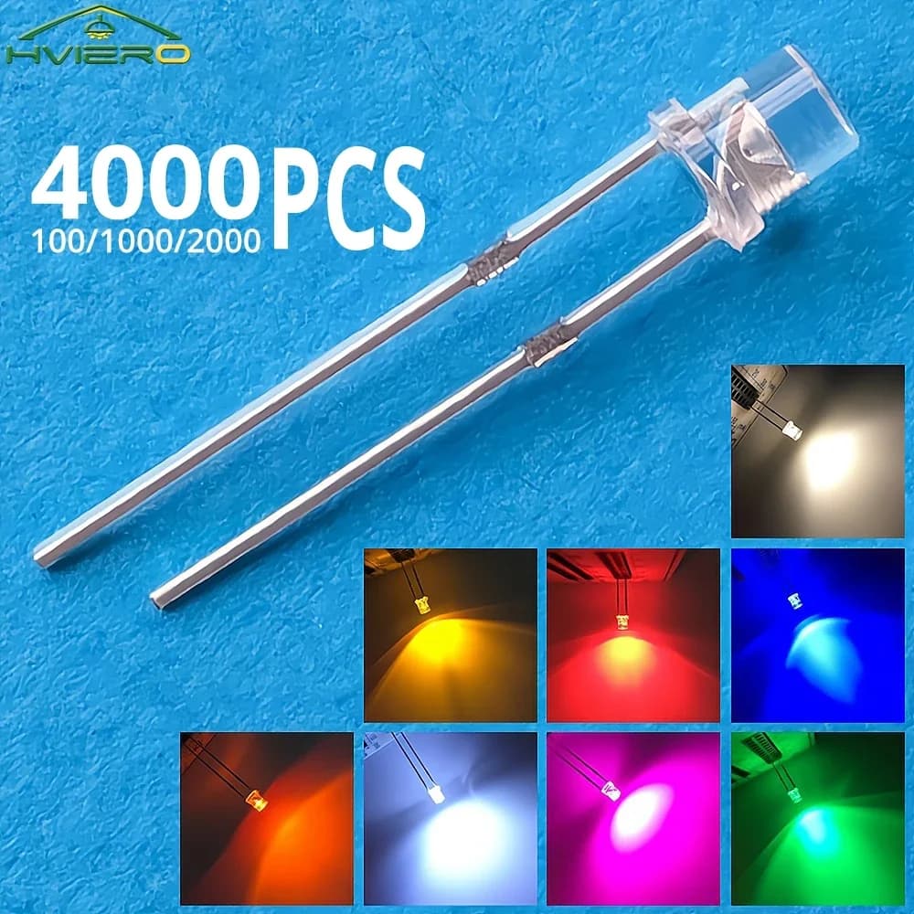 F3 3mm 2 pin Lampadine LED piatte ultra luminose Bianco Rosso Giallo Blu Verde Rosa Diodo Led Diodi emettitori di luce grandangolari Lampada