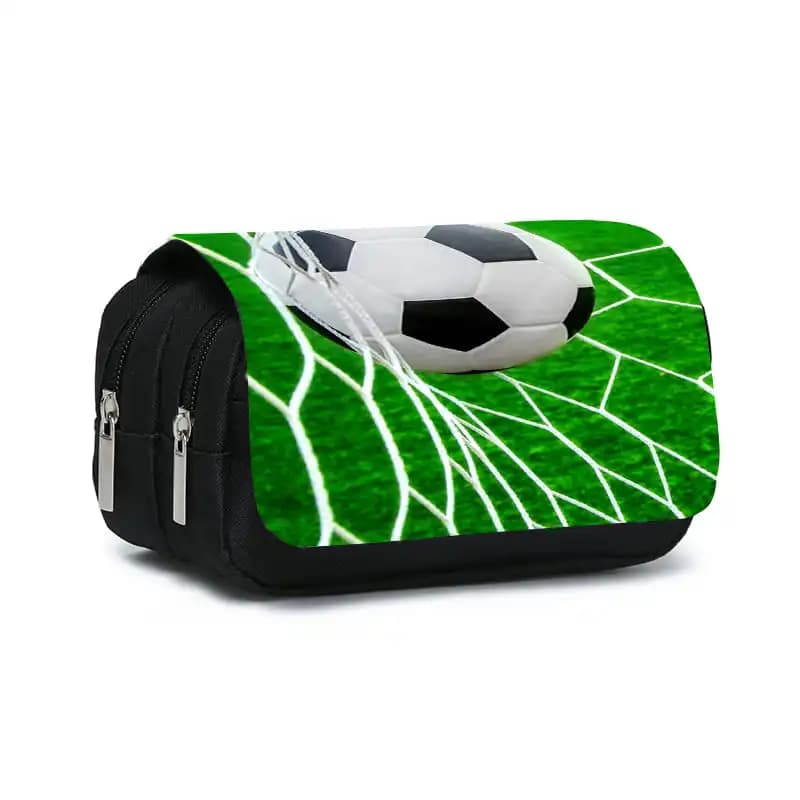 Astuccio portapenne a doppia apertura con motivo a pallone da calcio per bambini e bambine, regalo ideale, astuccio portapenne 2D a forma di cartone animato, astuccio scolastico per bambini