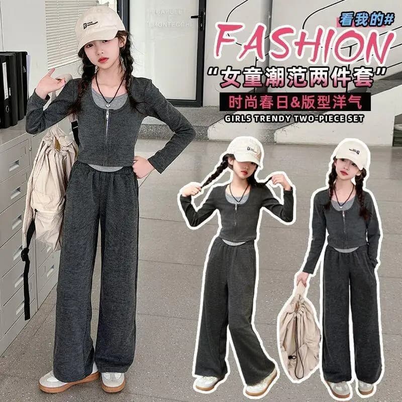Set di cappotti casual Kawaii Pantaloni a gamba larga a maniche lunghe con blocchi di colore per bambini grandi Due pezzi Falsi ragazze alla moda in stile occidentale