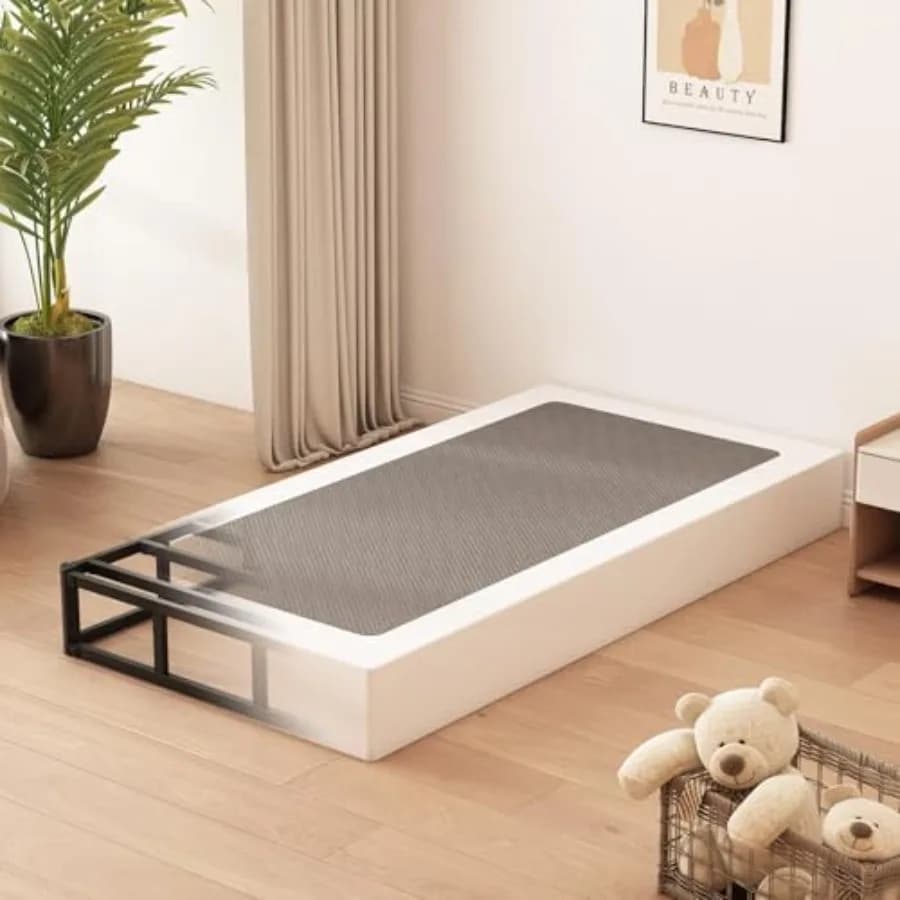 Metal bed base with fabric coating, 8 inch high profile, sturdy mattress structure, easy to mount