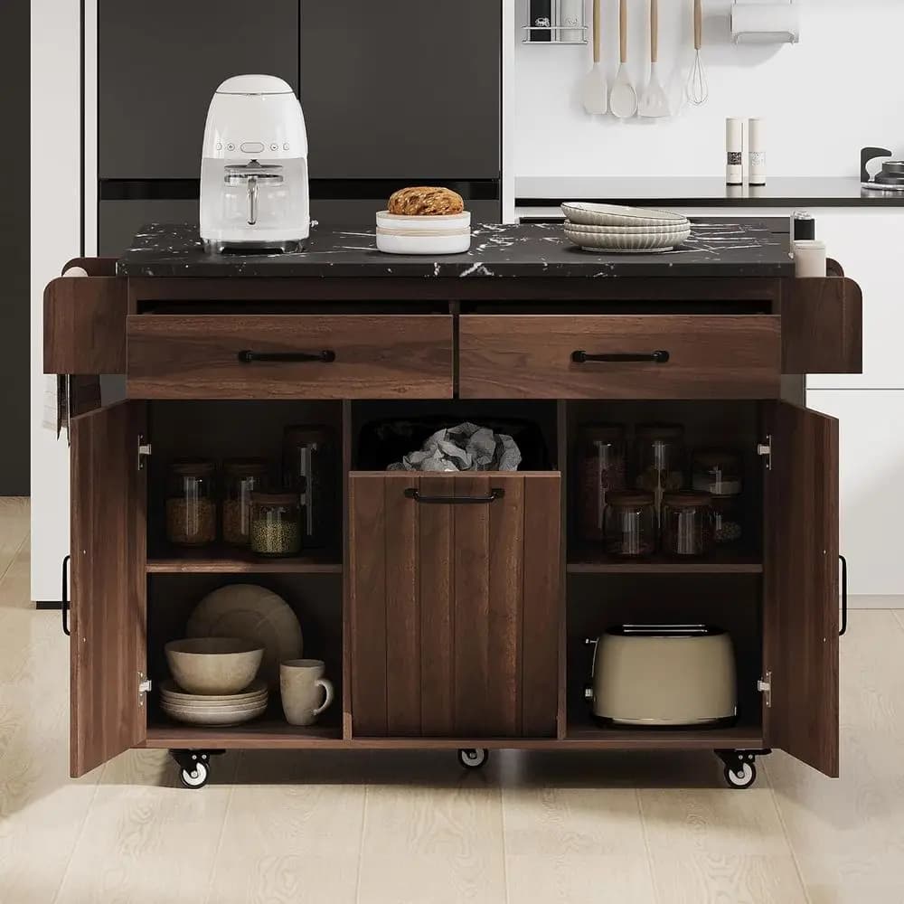Isola da Cucina Mobile Marrone con Contenitore per Rifiuti, Ripiani Regolabili, Porta Spezie, Piano Ribaltabile e Portasciugamani