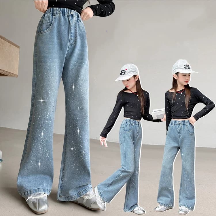 Jeans a zampa d'elefante per bambine, pantaloni in denim con strass a forma di cielo stellato, pantaloni eleganti e resistenti per bambini, primavera autunno.