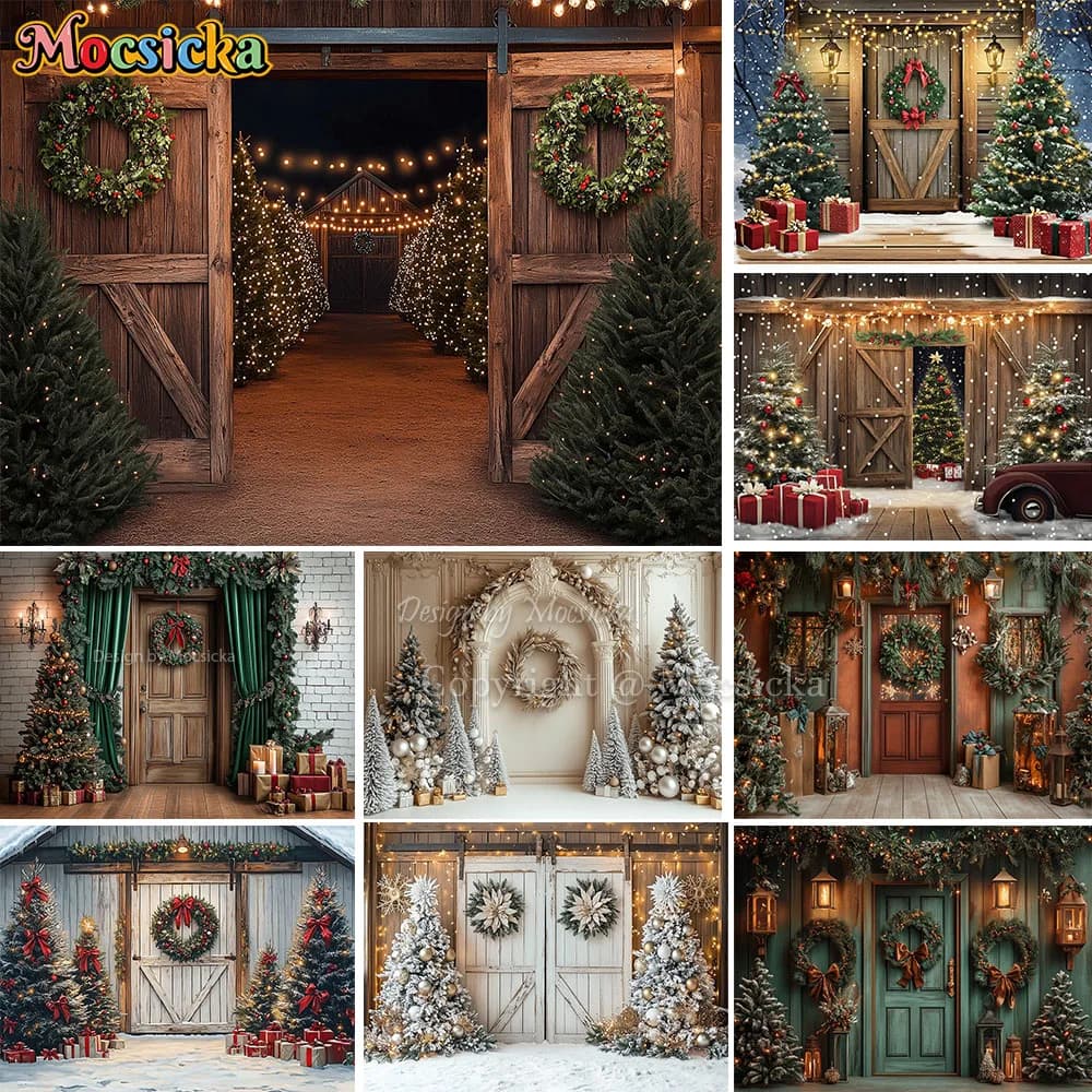 Mocsicka Christmas Tree Farm Backdrop Photography Wooden Barn Door Glitter Lights Background Family Child Outdoor Photo Studio