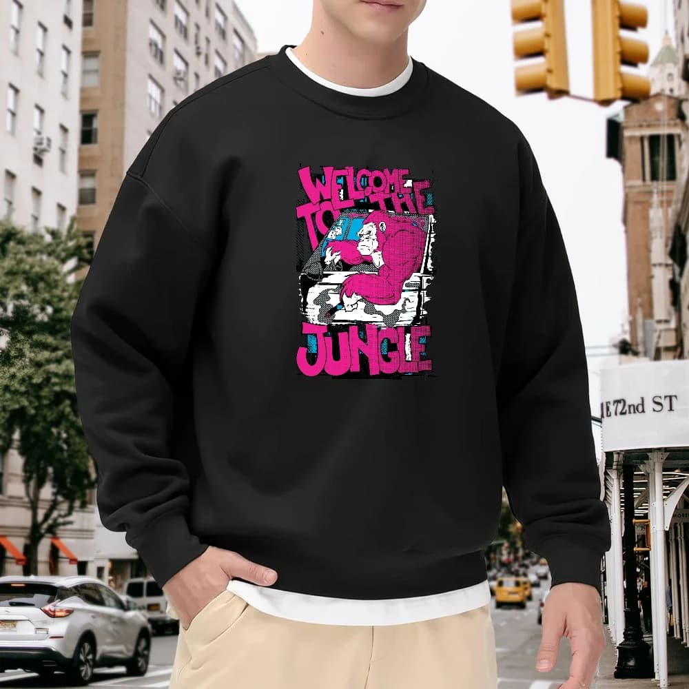Men's Black Crew Neck Pullover Sweatshirt, Loose Fit with Ape Letter Print, Street Fashion Casual Top, Versatile and Comfortable for Everyday Wear and Sports
