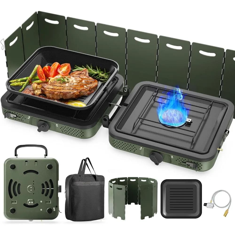 2 Fuochi with Grid, 17000 BTU, Foldable and Portable, with Transport Bag, Paravent and Adjustable Burners