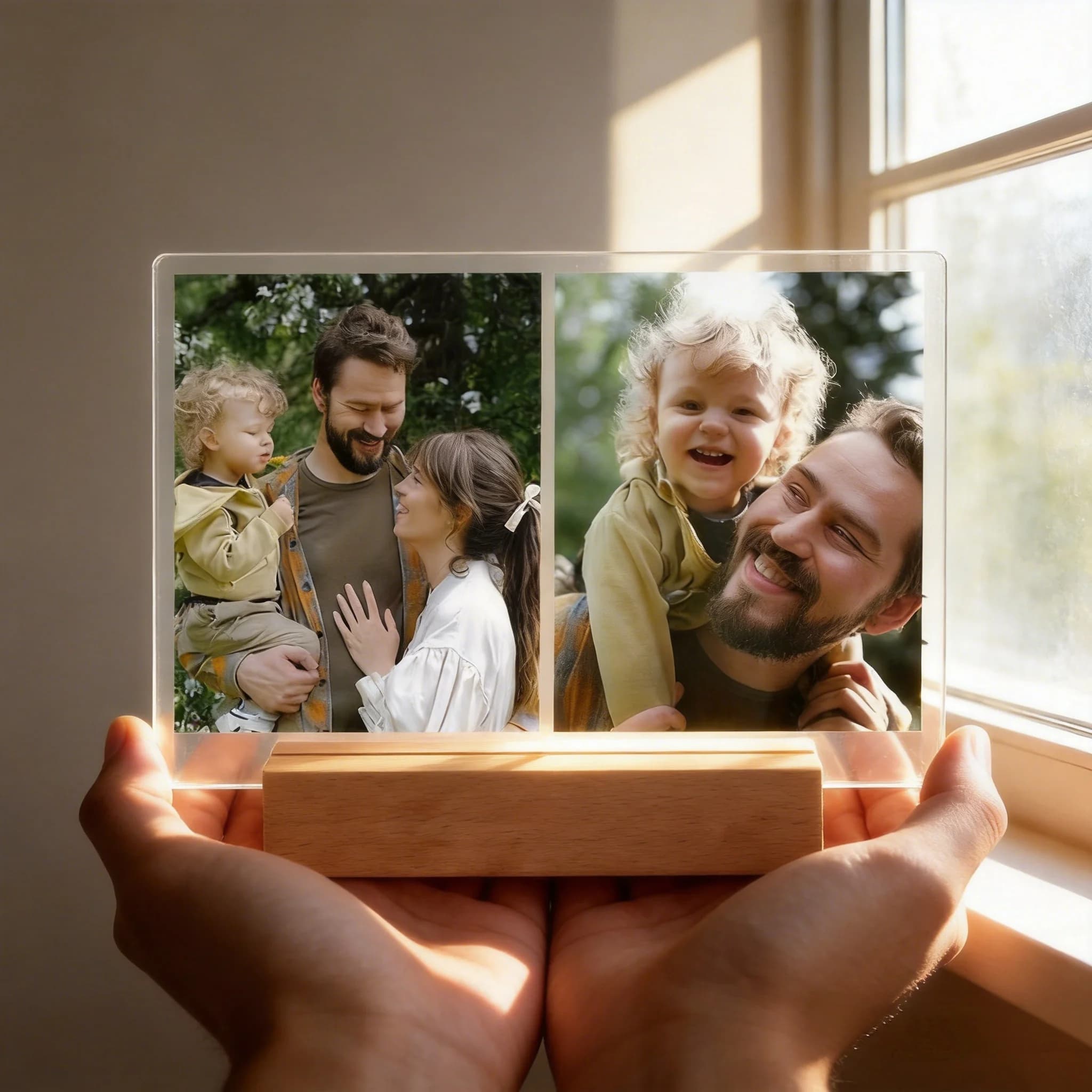 Custom Double Photo Acrylic Plaque Personalized 2‑Picture Frame With Wooden Base Custom Family Keepsake Tabletop Home Decor Gift