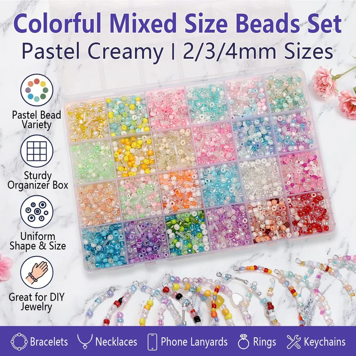 Kit Perline di Vetro 24 Scomparti Dimensioni Miste, Set 2/3/4mm Colori Pastello e Crema per Creazione Braccialetti DIY