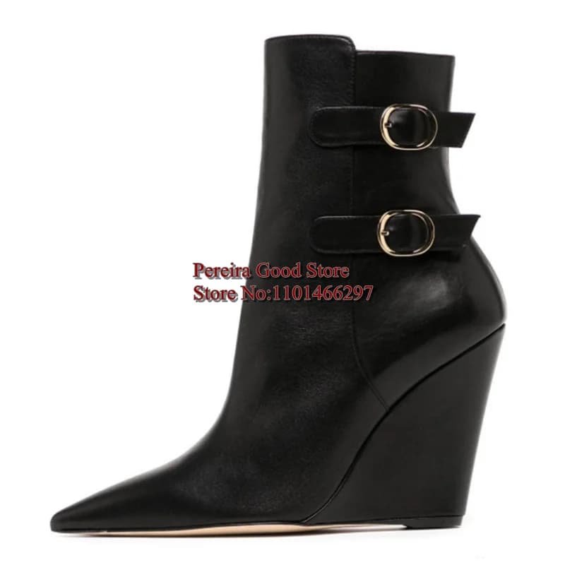 Black Suede Leather Wedge Heels Short Modern Runway Shoes Belt Buckle Strap Pointed Toe Woman Wedge Ankle Booties