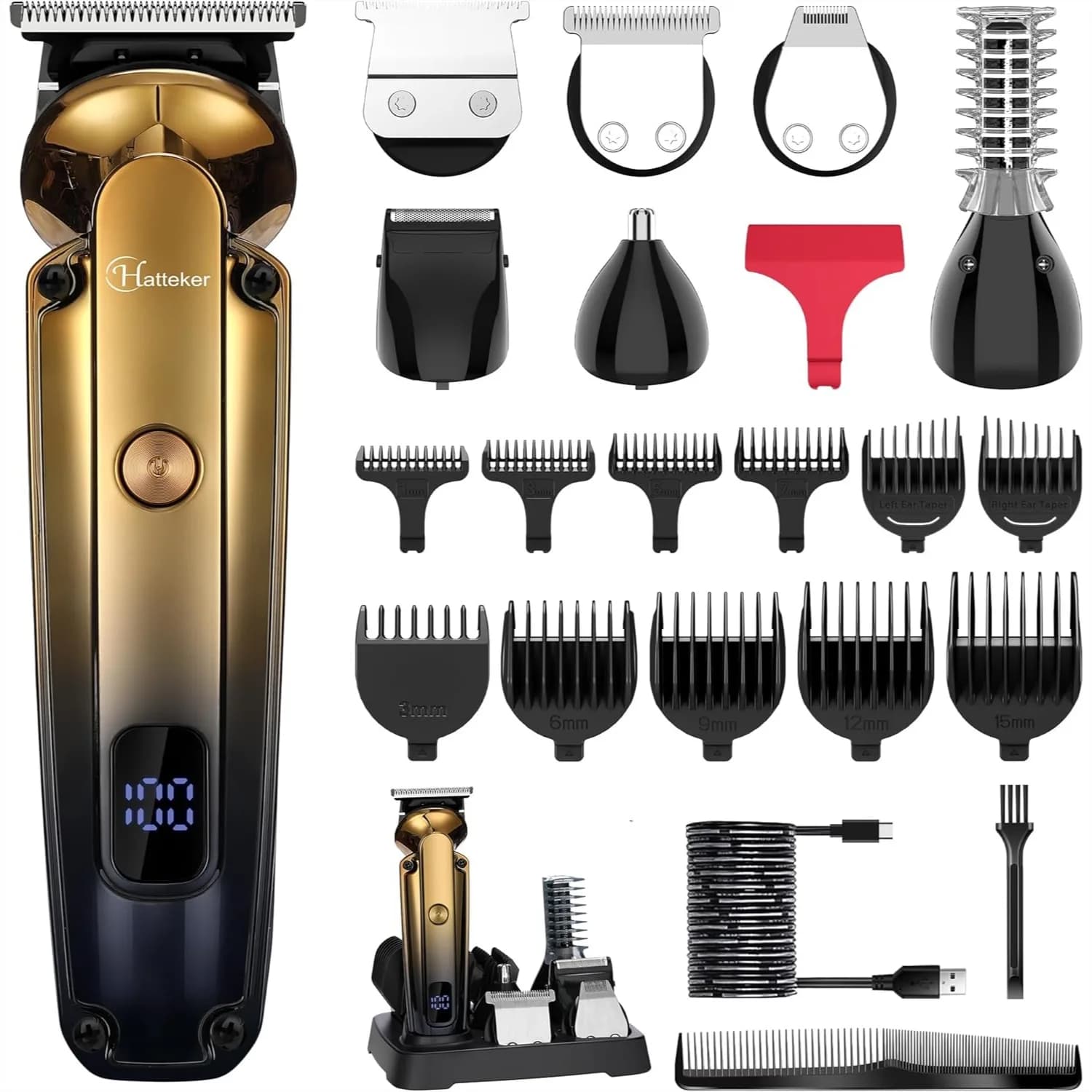 Kit Regolabarba Elettrico 6 in 1 da Uomo con Lama a T Zero Gap, Rasoio Cordless per Capelli, Naso, Orecchie e Corpo