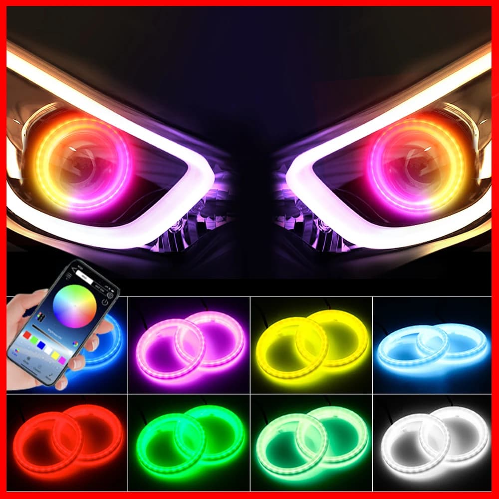 Anello Luminoso RGB Angel Eye da 60-120mm con Controllo APP, Luci DRL e Indicatori di Direzione per Decorazione Fari Auto e Moto