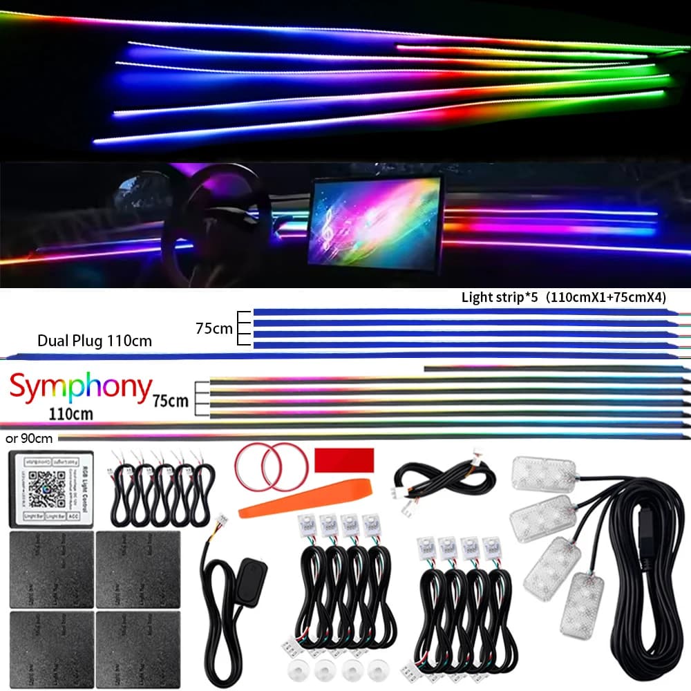 6/10/14/18 in 1 Luce ambientale per auto LED RGB Symphony Streamer 64 strisce acriliche colorate Kit lampada per atmosfera interna Controllo tramite app
