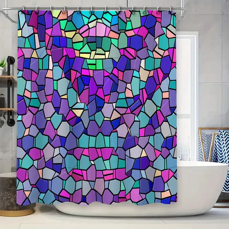 Tenda da doccia moderna in mosaico astratto per l'arredamento del bagno Set di tappetini da bagno impermeabili in tessuto stampato in 3D con anelli a gancio
