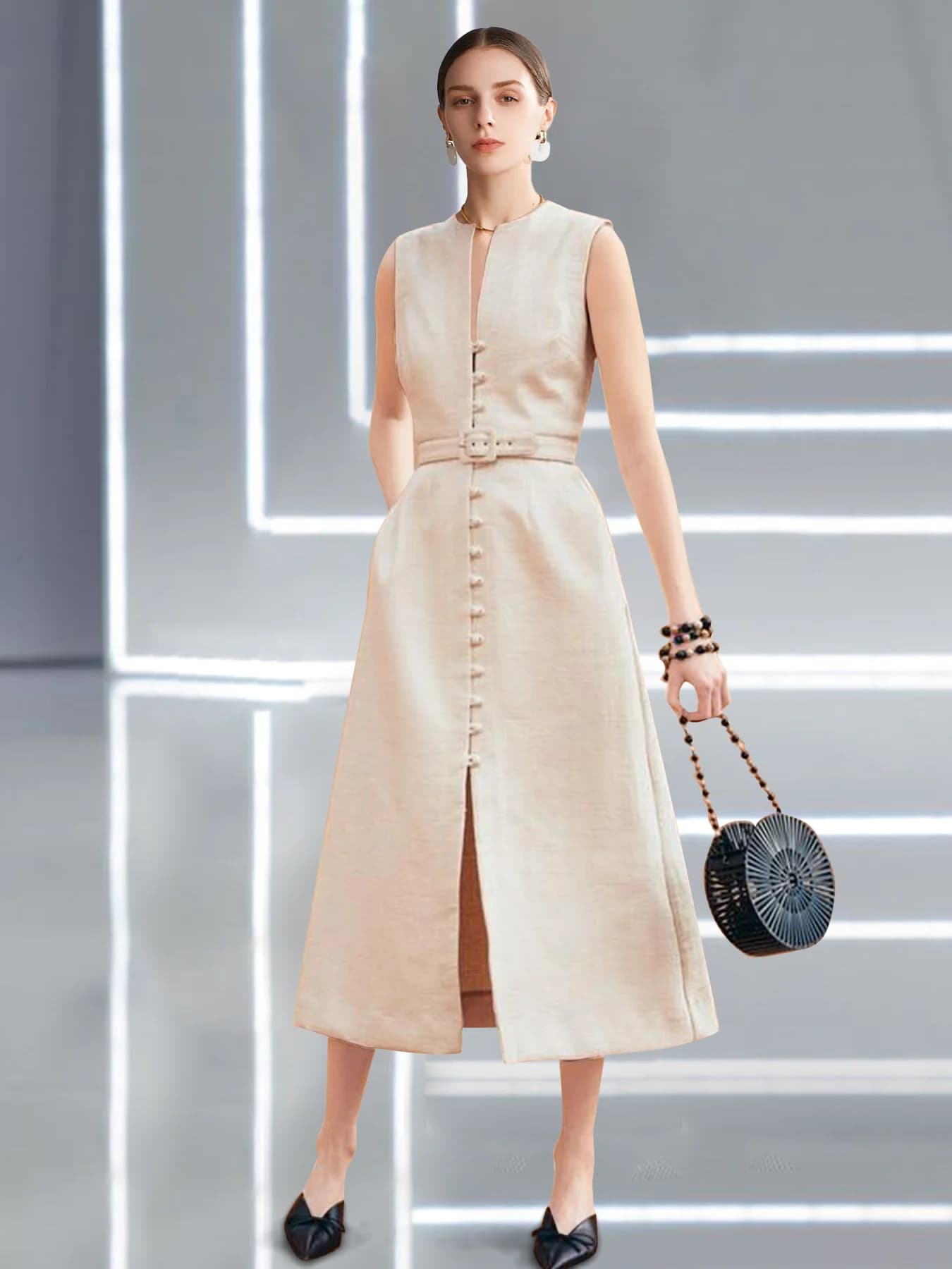 Women's Summer Dress Solid Color O Neckline Sleeveless Pockets Single-breasted Women's Dress Office Longuette Dress with Belt 2025