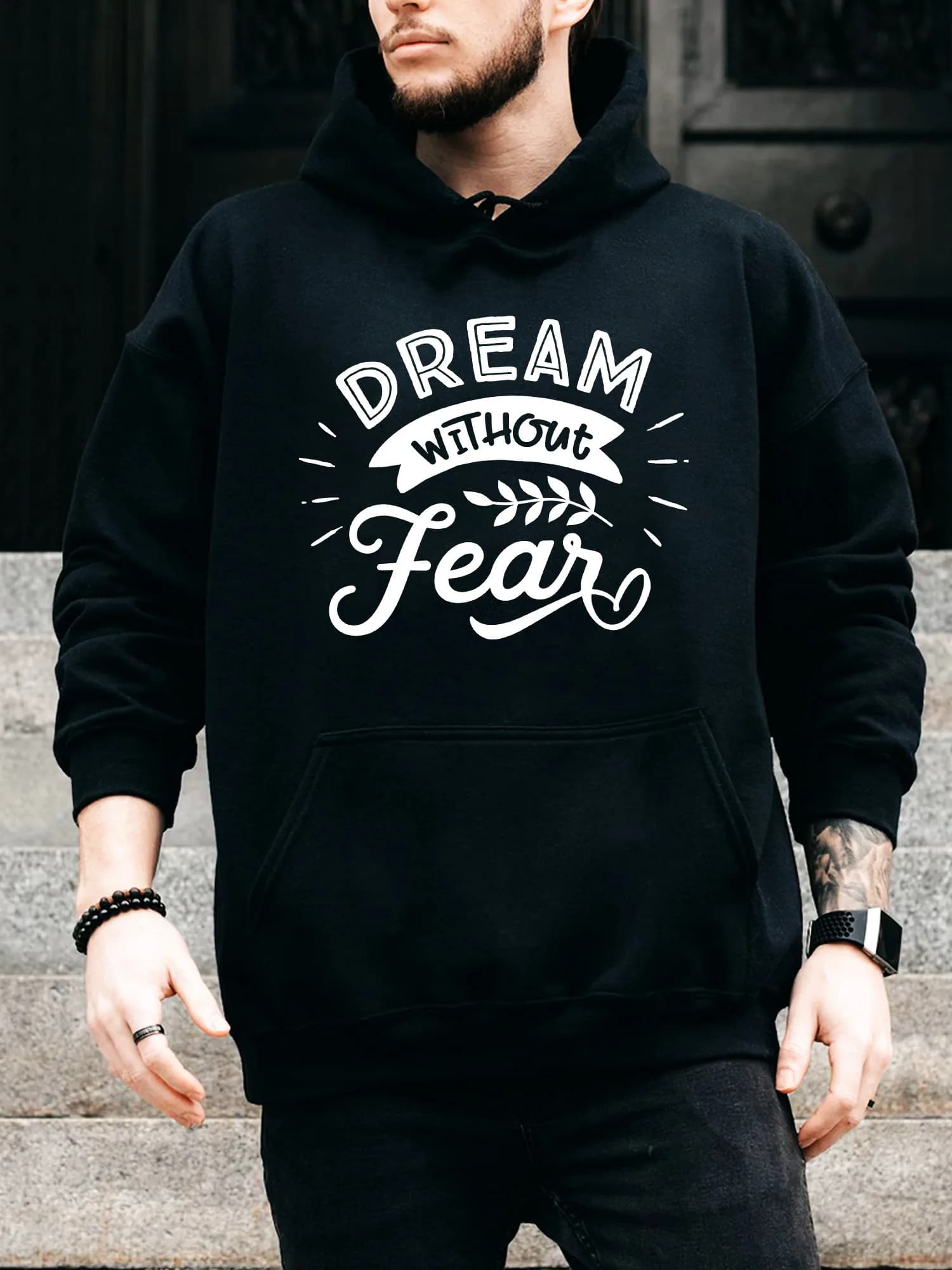 Felpa con cappuccio da uomo Dream Without Fear con coulisse - Pullover nero casual e confortevole, felpa con cappuccio autunno e inverno