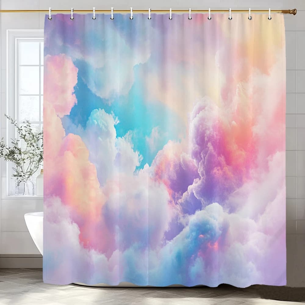 Tenda da doccia con motivi romantici di cielo e nuvole ad acquerello per il bagno, tende da doccia decorative con stampa artistica moderna con ganci