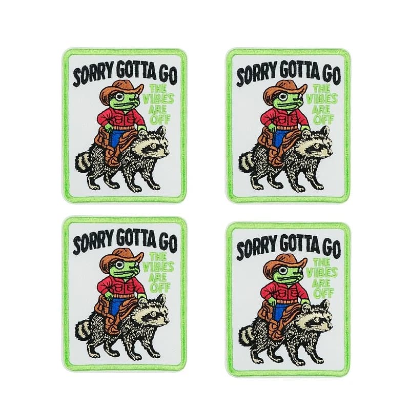 4 interesting cowboy frog riding raccoon embroidered patches, small and elegant 'SORRY GOTTA GO' text fabric patches, suitable for ironing and sewing. Can be used to decorate backpacks, hats, vests, dog collars, etc.